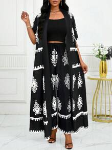 SHEIN Lady 2 stuks dames vintage bloemenprint lange jas en broek set