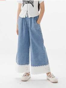 DAZY Blugi cu picior larg, casual, de culoare solidă, pentru fete preadolescente, haine pentru întoarcerea la școală - Albastru - Vizualizare 8