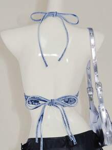 SHEIN ICON 女士休闲露背牛仔 Y2K 性感短款女式银箔印花上衣，简约时尚，适合春夏海滩日常穿着 - 中等水洗藍 - 查看 2