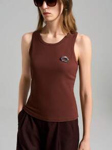 Ontre Camiseta de tirantes básica de estilo clásico, de cuello redondo, de punto elástico acanalado, con decoración de monedas vintage marrón, para mujer