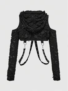 ROMWE Grunge Punk Plus Size Sexy Distressed Hoodie T-Shirt With Chain & Grommet Design, Suitable For Summer, Beach, Graduation, Easter, Concerts, Nashville Vacation, Elegant & Cute Tropical Festival