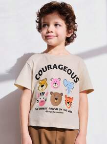 SHEIN 适合年轻男孩的彩色动物印花短袖 T 恤和短裤休闲装