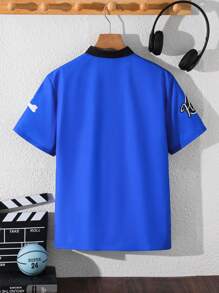 Tween Boy Casual Sports Basketball Letter Pattern Baseball Collar Short Sleeve Shacket, Suitable For Commuting, School, Daily Casual, Sports, Spring/Summer