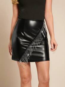 SHEIN Clasi 女士优雅流苏 PU 黑色喇叭下摆半身裙，适合派对、聚会、通勤装，春夏皮革黑色裙子夏装 - 黑色 - 查看 3