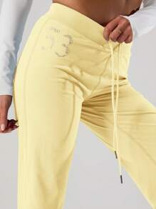 Musera Sport Quần thể thao nữ đính đá, ống đứng, cạp thấp, có dây rút, thích hợp cho Padel, Tennis, Pickleball, tập gym, thể dục mùa đông. - Màu vàng - Xem 5