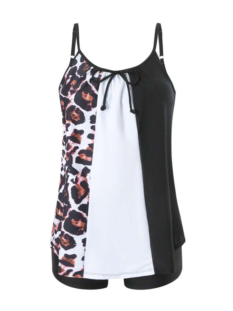 SHEIN Swim Lushore Spring Break 2pcs Black & White Leopard Print Mix Loose Conservative Tummy Control Tankini Swimwear Set, For Summer Beach Vacation - Multicolor - View 6