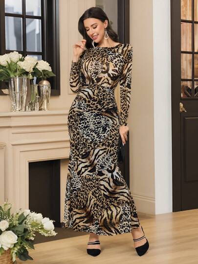 Modelyn 女式优雅性感绒领豹纹虎纹长袖上衣鱼尾修身裙两件套春季情人节