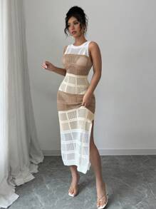 Elenzga Fashionable Sleeveless Hollow Out Crew Neck Knit Dress For Women