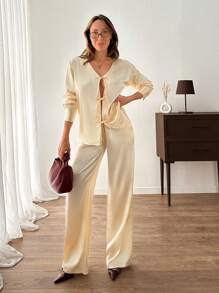 EURMUSE Woven Satin Bow Front Detailed Satin Blouse And Satin Pant Two Pieces Set - Beige - View 7
