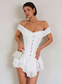 SHEIN BAE 女士春夏度假沙滩装优雅浪漫性感白色锦缎单肩迷你连衣裙适合日常派对聚会、音乐会服装女士、春假礼服、狂欢服装节日 - 白色 - 查看 5