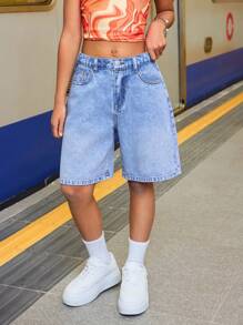 SHEIN Jeans corti a vita alta per ragazze pre-adolescenti, stile Y2K anni 2000, lavati, casual, ampi, a gamba larga, lunghezza al ginocchio, abbigliamento autunnale per ragazze, look da strada per il ritorno a scuola