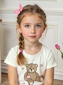 SHEIN Leap Crew Tween Girl Bear & Heart Pattern Casual Minimalist Short Sleeve Top And Pants Pajamas, Snug Fit, Suitable For Spring/Summer