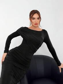 Aloruh Women Sparkly Ruched Wrap Khaki Gold Knit Bodycon Mermaid Maxi Party Dress - Black - View 5