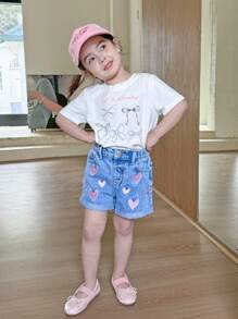 Girls' Casual All-Match Heart Print Frill Hem Washed Denim Shorts, Cute Versatile Commuter Design, Spring/Summer 2025 New Arrival, Suitable For Daily Wear - Medium Wash - View 3