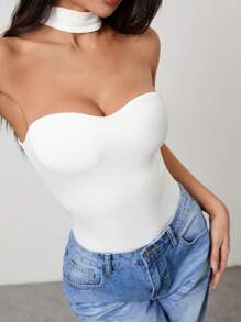 SHEIN PETITE Women's Solid Color Halter Neck Casual Bodysuit - White - View 5