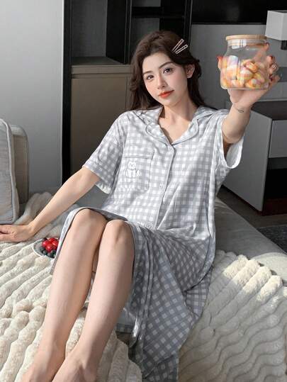 DAZY 宽松格子领短袖女士睡袍睡衣