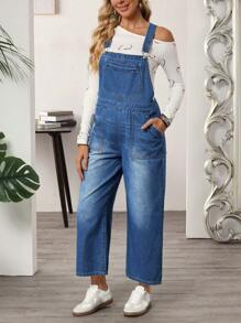 SHEIN LUNE Loose Casual Button Pockets Washed Denim Bib Pants - Blue - View 2