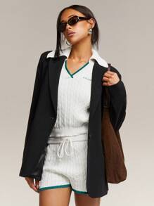 Athîral Set de 2 piezas de chaleco y pantalones cortos de punto con ribete de contraste para mujer - Blanco - Ver 3