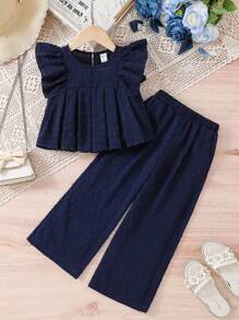 SHEIN Young Girl Woven Solid Color Round Neck Ruffle Trim Top And Woven Loose Wide-Leg Pants 2 Pieces Set
