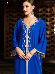Al Najma Handmade Navy Blue Beaded Dress Kaftan Jalabiya Dress - Royal Blue - View 1