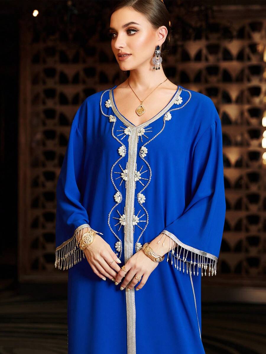 Al Najma Handmade Navy Blue Beaded Dress Kaftan Jalabiya Dress - Royal Blue - View 1