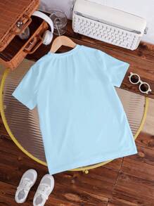 SHEIN Tween Girls' Casual Minimalist Daily Wear Short Sleeve Round Neck T-Shirt - Baby Blue - View 2