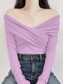 DAZY Plain Long Sleeve T-Shirt, Casual Simple Style For Everyday Wear,Fall Clothes Off Shoulder Top Cute Tops - Purple - View 3