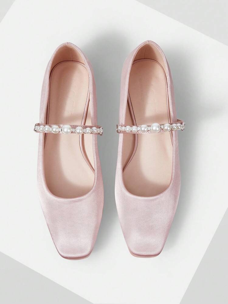 WOMEN ELEGANT FAUX PEARL BEADED SQUARE TOE FLATS SPRING SHOES SPRING BREAK EASTER