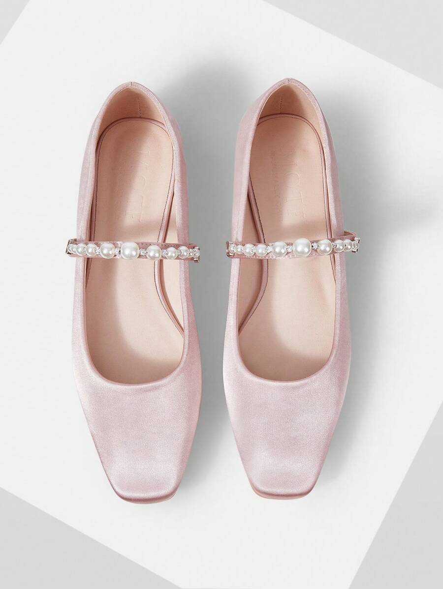 MOTF PREMIUM WOMEN ELEGANT FAUX PEARL BEADED SQUARE TOE FLATS SPRING SHOES SPRING BREAK EASTER - Baby Pink - View 1