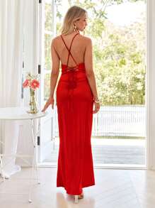 SHEIN VCAY 女士优雅纯色露背开衩连衣裙 - 紅色 - 查看 2