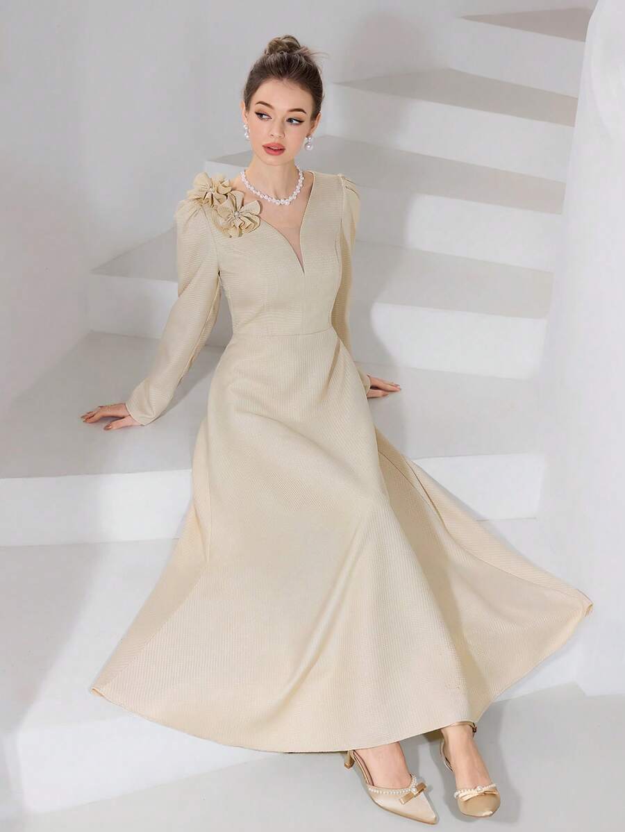 Modelyn 女士纯色 3D 花卉装饰长袖优雅连衣裙