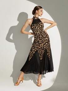 Dansine Latin Dancewear Leopard Print Sleeveless Long Chiffon Patchwork Backless Sexy Dancewear Dress For Women