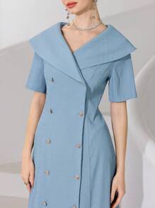 Modelyn Women's Solid Color Double-Breasted Short Sleeve Elegant Long Dress - Blue - View 1