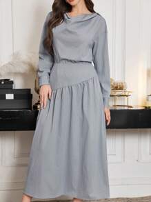 Modelyn 2pcs/Set Women Light Blue Cold Shoulder Top & Asymmetrical Hem Skirt Set Fall Cloth For Women - Baby Blue - View 6