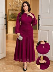 Modelyn Plus Size Solid Color Long Sleeve Hollow Pleated Simplistic Casual Dress - Hot Pink - View 2