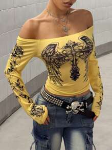 StreetHx 女士露肩长袖心形印花 T 恤，街头风格 - 黃色 - 查看 5