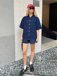 SHEIN Forever 21 夏季新款翻领牛仔水洗休闲百搭通勤女士牛仔衬衫 - 藍色 - 查看 5