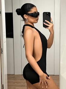 SHEIN ICON 性感镂空深 V 露背交叉挂脖式连体衣