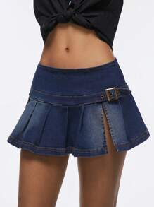 Easelle 2025 New Arrival Summer Women's Vintage Short Denim Skirt With Button Closure, Pleated Hem & Side Slit - Dark Wash - View 1