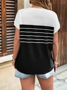 Franclia Plus Size Simple Black & White Striped Short Sleeve T-Shirt, Spring & Summer