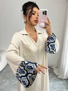 Yasmyna Đầm dài tay cổ chữ V rộng rãi nhiều màu dệt kim cho nữ, kín đáo - Màu Khaki - Xem 1