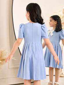 Young Girl Knitted Solid Color Round Neck Bowknot Decor Casual Mini Dress - Blue - View 2