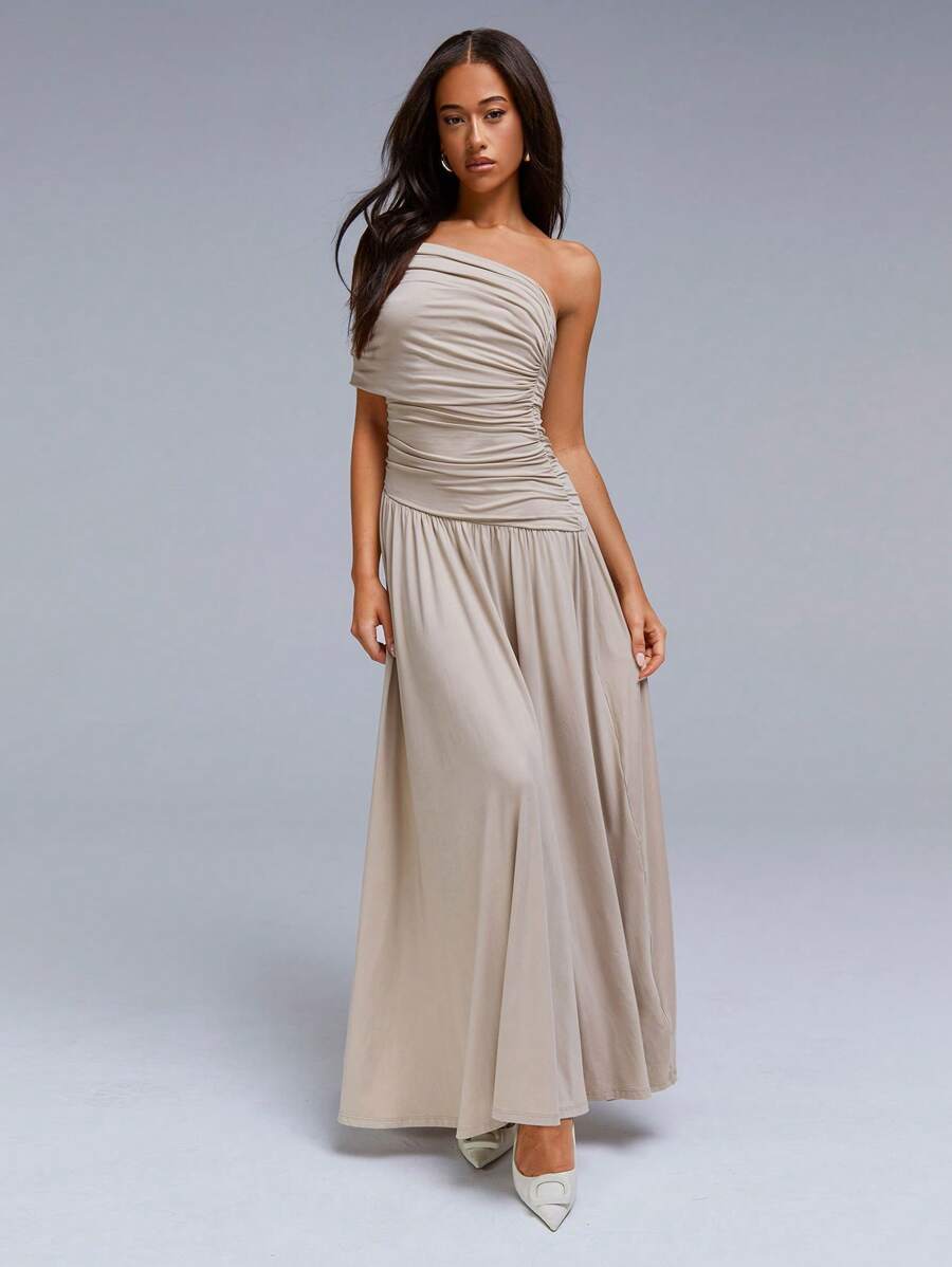 Athîral 女士露背垂坠褶饰派对装 - 卡其色 - 查看 1