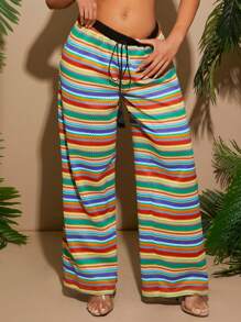 SHEIN SXY Summer;Women's Rainbow Striped Crochet Casual Beach Vacation Pants, Early Spring - Multicolor - View 1