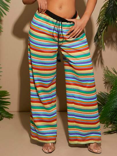 SHEIN SXY Summer;Women's Rainbow Striped Crochet Casual Beach Vacation Pants, Early Spring