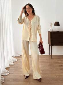 EURMUSE Woven Satin Bow Front Detailed Satin Blouse And Satin Pant Two Pieces Set - Beige - View 6