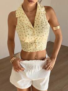 Sunnyshic Women's Cute Plaid & Ditsy Floral Collar Fitted Cropped Tank Top. Spring And Summer Essentials.