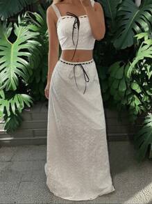 SHEIN Essnce 女士白色编织孔眼刺绣背心和裙子套装，优雅女士两件套，婚礼配套套装 - 白色 - 查看 9