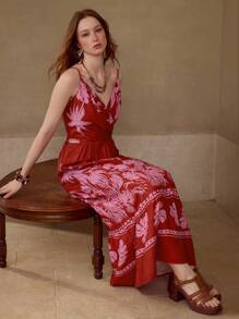 MOTF LINEN TROPICAL PRINT VACATION STYLE DRESS - Red - View 1