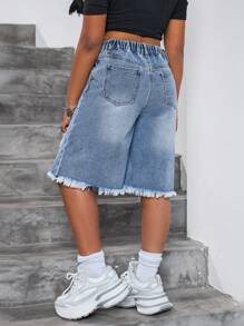 SHEIN Tween Girls Stylish Vintage Washed Smiling Face & Heart Graffiti Pattern Ripped Frayed Loose Fit Baggy Blue Denim Long Shorts ,For Girls Streetwear Outfits And Spring/Summer Clothes